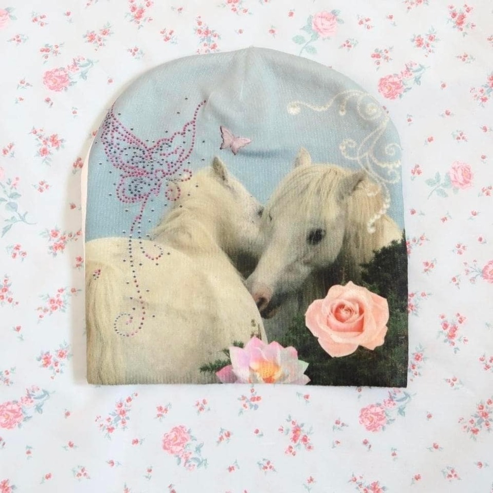 y2k surreal unicorn rhinestone beanie weirdcore dreamcore